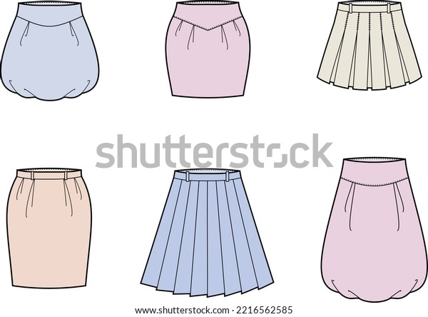Women\'s casual skirt set. Pleated, balloon,\
tulip skirts. Vector\
illustration.