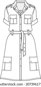 womens chambray shirt dress short sleeve belted waist shirt collar dress flat sketch vector illustration