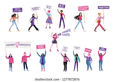 Women's characters with feminist banners. protesting and vindicating their rights holding banners and placards. Different messages for equal rights. Woman power concept.
