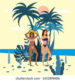 Womens characters with smartphone in bikini and hat on background of exotic plants of palm sea, ocean, beach. Trend modern flat cartoon, vector, isolated, poster