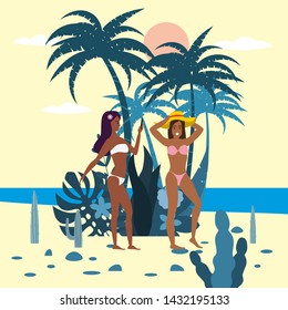 Women's characters with a smartphone, bikini and hat on background of exotic plants of palm sea, ocean, beach. Trend modern flat cartoon, vector, isolated, poster
