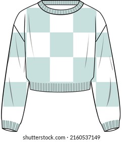 Women's Checkerboard Crop Sweater- Sweater technical fashion illustration. Flat apparel sweater template front, colored. Women's CAD mock-up.