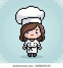 chef femenino con 8 bits de arte píxel. Niña animada en ilustraciones vectoriales para activos de juego o patrones de puntos cruzados.