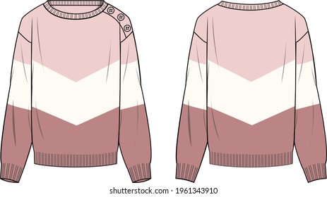 Women's Chevron Farbblock Sweater - Sweater technische Modegrafik. Flaches Bekleidungspult, Vorder- und Rückseite, farbig. Das CAD-Modell für Frauen.