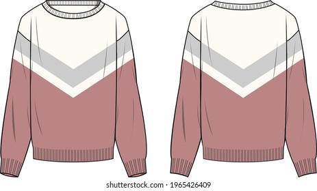 Women's Chevron Colour-block Sweater- Sweater technical fashion illustration. Flat apparel sweater template front and back, colored. Women's CAD mock-up.