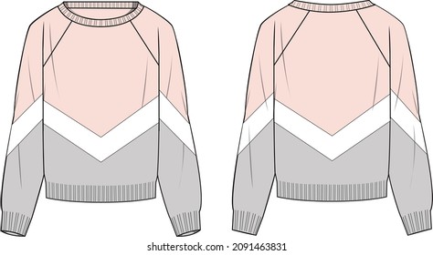 Chevron de mujeres de bloques de color Sweater - Sweater ilustración de moda técnica de suéter. Plantilla de suéter de prendas planas, delantera y trasera, de color. Burla de CAD de mujeres.