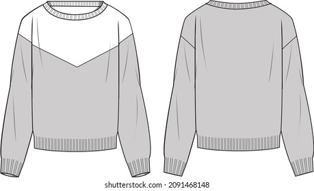 Women's Chevron Colour-block Sweater- Sweater technical fashion illustration. Flat apparel sweater template front and back, colored. Women's CAD mock-up.