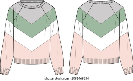 Women's Chevron Colour-block Sweater- Sweater technical fashion illustration. Flat apparel sweater template front and back, colored. Women's CAD mock-up.