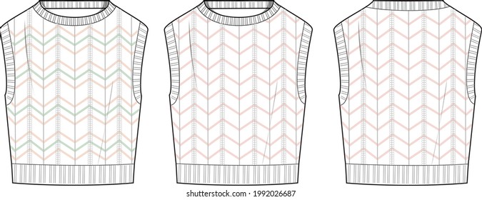 Women's Chevron Stitch Detail, Crop Vest- Vest technical fashion illustration. Flat apparel vest template front and back, white colour. Unisex CAD mock-up.