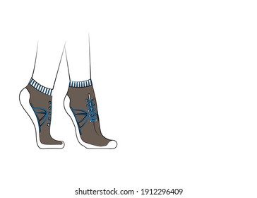 Women's or children's sports socks with a lacing pattern. Multi-colored image on a white background. Design element. There is room for text. Vector illustration.