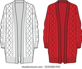 Women's Chunky Cable Cardigan. Technical fashion illustration. Front, white and red colour. Women's CAD mock-up.