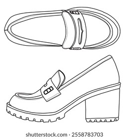 Women's Chunky Mid Heel Lug Sole Penny Loafer Shoes Line art, Technical sketch hand drawing outline vector doodle top and side view isolated on white background for coloring page