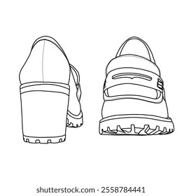 Women's Chunky Mid Heel Lug Sole Penny Loafer Shoes Line art, Technical sketch hand drawing outline vector doodle front and rear view isolated on white background for coloring page