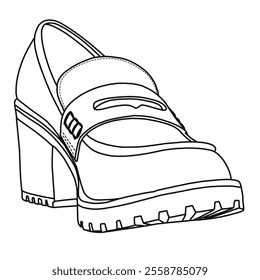 Women's Chunky Mid Heel Lug Sole Penny Loafer Shoes Line art, Technical sketch hand drawing outline vector doodle front 3D view isolated on white background for coloring page