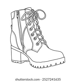 Women's classic ankle boots shoes Line art, Technical sketch hand drawing outline vector doodle illustration 3D isometric view isolated on white background