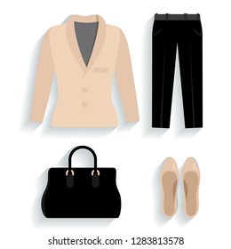 Women's classic clothing. Jacket, pants, ballet shoes and bag