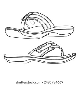 Women's Classic Platform Flip Flops Sandals Line art, Technical sketch hand drawing outline vector doodle illustration isolated on white background