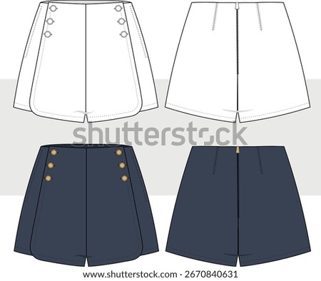 Women's classic shorts front button detailed fashion drawing, flat sketch, illustration. Front and back view, vector. Cad, Mockup set.