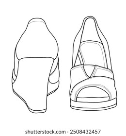 Women's Classic Wedge Sandal Line art,Technical sketch hand drawing outline vector doodle illustration front and rear view isolated on white background