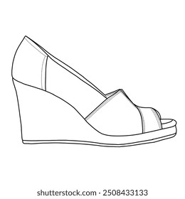 Women's Classic Wedge Sandal Line art,Technical sketch hand drawing outline vector doodle illustration side view isolated on white background