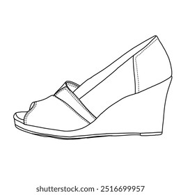 Women's Classic Wedge Sandal Line art,Technical sketch hand drawing outline vector doodle illustration side view isolated on white background