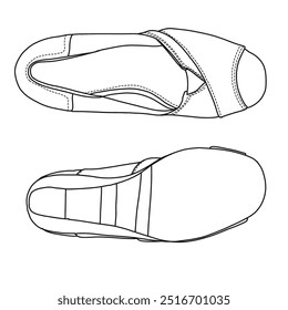 Women's Classic Wedge Sandal Line art,Technical sketch hand drawing outline vector doodle illustration top and bottom view isolated on white background