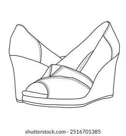 Women's Classic Wedge Sandal Line art,Technical sketch hand drawing outline vector doodle illustration 3D isometric side and rear view isolated on white background