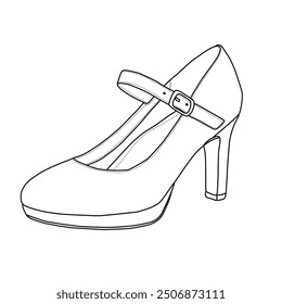 Women's Close Toe Classic High Heels Round Toe, Low Platform, Pumps Schuhe Line Art, Technische Skizze Handzeichnung Umriss Vektor Doodle Illustration isometrische Ansicht einzeln auf weißem Hintergrund