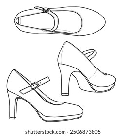 Damen Close Toe Classic High Heels Round Toe, Low Platform, Pumps Schuhe Line Art, Technische Skizze Handzeichnung Umriss Vektor Doodle Illustration verschiedene Ansicht einzeln auf weißem Hintergrund