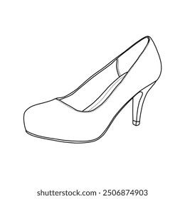 Dedo del pie de las mujeres Clásico de tacones altos Dedo del pie redondo, plataforma baja, zapatos de las bombas Arte de línea, bosquejo técnico dibujo a mano contorno Vector doodle ilustración lateral 3D vista aislada sobre fondo blanco