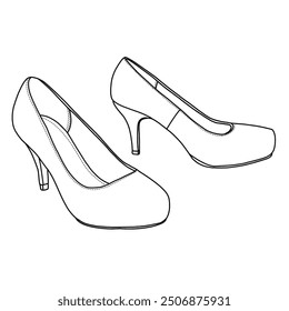 Women's Close Toe Classic High Heels Round Toe, Low Platform, Paare Pumps Schuhe Line Art, technische Skizze Handzeichnung Umriss Vektor Doodle Illustration isometrische Ansicht einzeln auf weißem Hintergrund