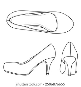 Damen Close Toe Classic High Heels Round Toe, Low Platform, Paare Pumps Schuhe Line Art, Technische Skizze Handzeichnung Umriss Vektor Doodle Illustration Ober-, Seiten- und Rückansicht einzeln auf weiß