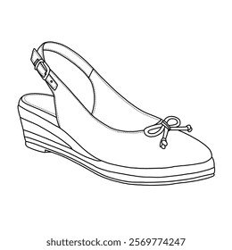 Women's Closed Toe Espadrilles Wedges Shoes Platform Slingback Mid Low Heel line art, Technical sketch hand drawing outline vector doodle isometric view isolated on white background for coloring page