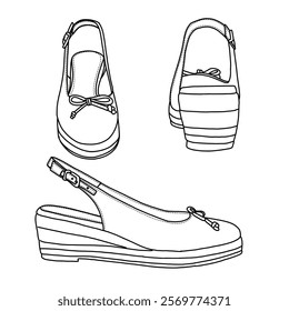 Women's Closed Toe Espadrilles Wedges Shoes Platform Slingback Mid Low Heel line art, Technical sketch hand drawing outline vector doodle various view isolated on white background for coloring page