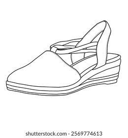 Women's Closed Toe Espadrilles Wedges with Slingback Strap Mid Low Heel line art, Technical sketch hand drawing outline vector doodle isometric view isolated on white background for coloring page