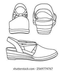 Women's Closed Toe Espadrilles Wedges with Slingback Strap Mid Low Heel line art, Technical sketch hand drawing outline vector doodle various view isolated on white background for coloring page