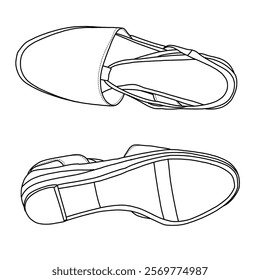 Women's Closed Toe Espadrilles Wedges with Slingback Strap Mid Low Heel line art, Technical sketch hand drawing outline vector doodle top and bottom view isolated on white background for coloring page