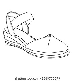 Women's Closed Toe Espadrilles Wedges with Strap Mid Low Heel line art, Technical sketch hand drawing outline vector doodle top and bottom view isolated on white background for coloring page