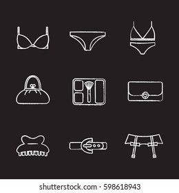 Women's clothes and accessories chalk icons set. Underwear garters, bra and panties, clutch, purse, blusher, claw hair clip, leather belt. Isolated vector chalkboard illustrations