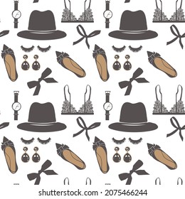 Womens clothes and accessories, isolated fashionable classic hat, lace bra underwear, shoes, and earrings with gemstone. Ribbon bow seamless pattern background or print. Vector in flat style