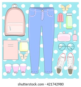 women's clothes collection and accessories. set clothes. fashion clothes. summer clothes. clothes element. vector illustration