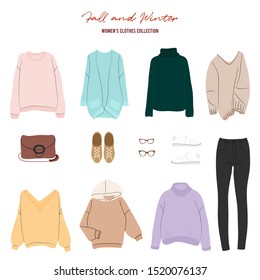 women's clothes collection, Autumn and winter outfit, Hand-drown female fashion set.