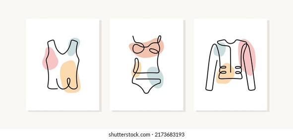 Women's clothes continuous line posters. Top, underwear, jacket artistic illustrations.