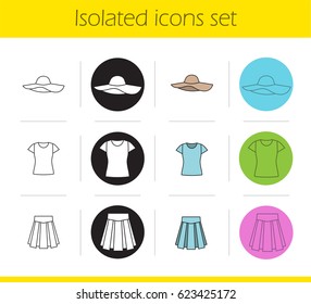 Women's clothes icons set. Linear, black and color styles. Beach hat, t-shirt, skirt. Isolated vector illustrations