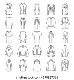 Women's Clothes Jacket, Overcoat, Down-padded Coat, Vest, Sweatshirt, Suit Jacket, Bomber Symbol Line Icon Set