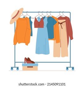 Women's clothes on a hanger. Wardrobe with clothes and shoes. There are dresses, sweaters, top, pants and shoes in the closet. Vector illustration in flat style.