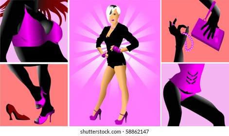 Women's clothes on a pink background (vector illustration);