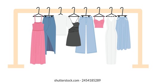 Women's clothes on racks. Dresses, T-shirt, skirts.  Organized women's summer closet. Storage of clothes. Hand drawn color flat vector illustration.