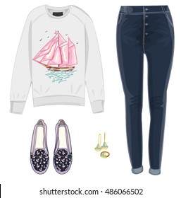 Women's clothes set . White sweatshirt , jeans , sneakers and earrings in the form of ships . Marine theme . Illustration stylish and trendy clothing.  On a white background. 