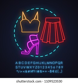 Women's Clothes Store Neon Light Concept Icon. Fashion Idea. Crop Top, Skirt, High Heel Shoe. Glowing Sign With Alphabet, Numbers And Symbols. Vector Isolated Illustration